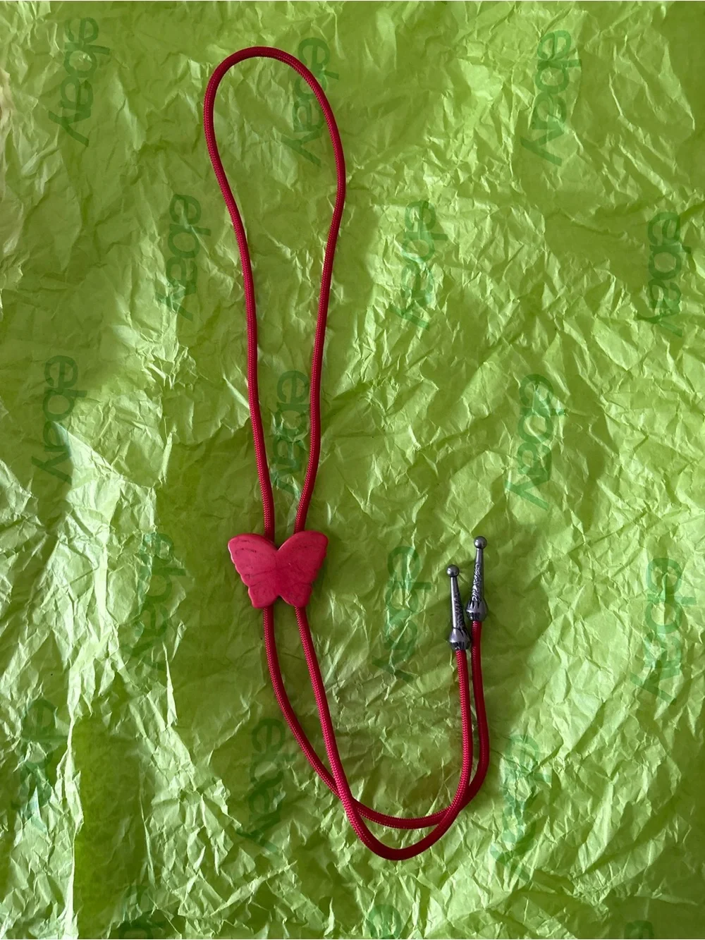 Brown Leather Bolo Tie with Pink Ceramic Butterfly
